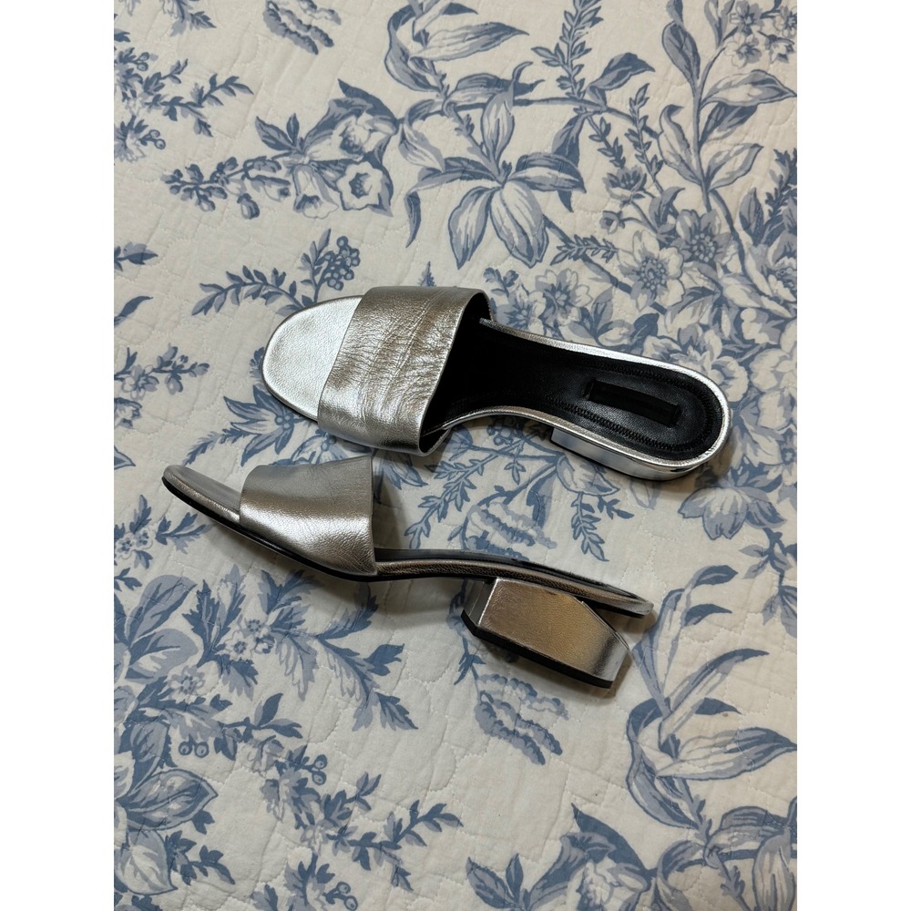 Alexander Wang Silver Metallic Cutout Block Heel Mule Sandals Square Toe EU 40